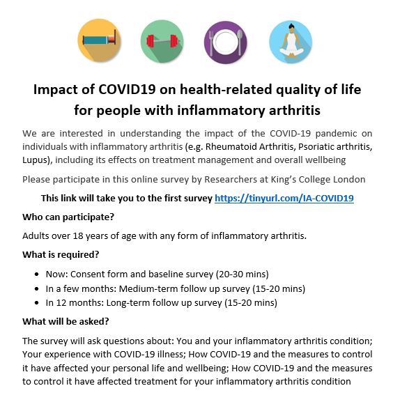 IACOVID19's tweet photo. The Inflammatory Arthritis and COVID-19 Study from @KingsCollegeLon is launching today! We are recruiting participants aged 18 and over with inflammatory arthritis in the UK. Tell us about your experience with #COVID19 and its impact on your #wellbeing: https://t.co/c7pnXYAIqB https://t.co/wE8XKnNryF