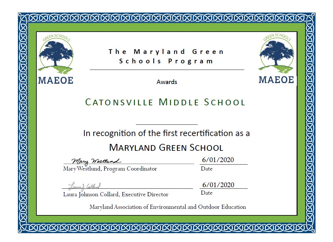 <a href="/CatonsvilleMS/">Catonsville Middle</a> is re-certified as a #BCPSGreenSchool !!!!!  Thx to <a href="/aaron_sporik/">Aaron Sporik</a> for spearheading this effort.  @MyriamYarbrough <a href="/RJones_8/">Racquel Jones, Ed.D.</a>