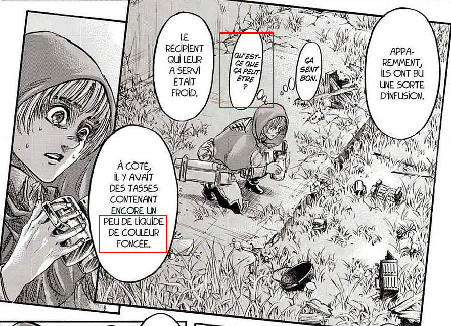 7. CH.74 Armin trouve un moulin à café et trois tasses contenant du "liquide noir" qu& #39;il ne peut pas identifier car il n& #39;y a pas de café entre les murs, contrairement au continent Mahr qui est bien plus évolué
