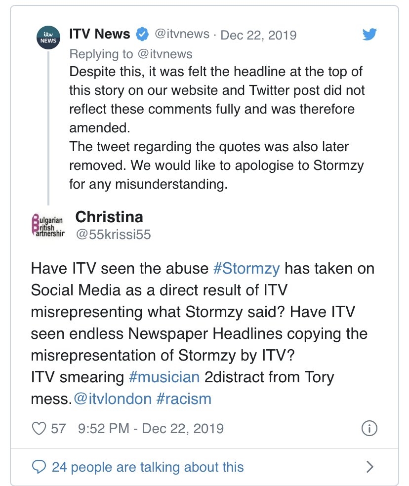 Itv intentionally misquoting Stormzy and allowing him to come under fire from racist abuse after he said that there ‘100% is’ racism the the UK