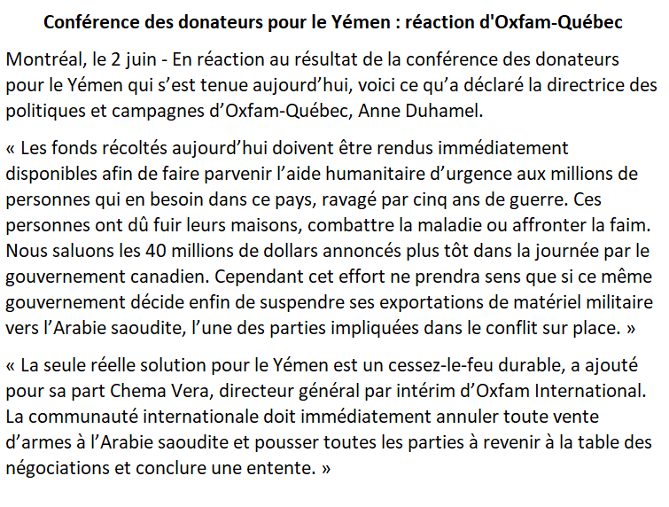 #YemenPledgingConference
Conférence des donateurs pour le #Yemen 🇾🇪 : les sommes récoltées aujourd'hui doivent être disponibles au plus vite.
Il est essentiel que la communauté internationale agisse en faveur d'un cessez-le-feu immédiat.
⬇️Réaction complète d'Oxfam-Québec⬇️