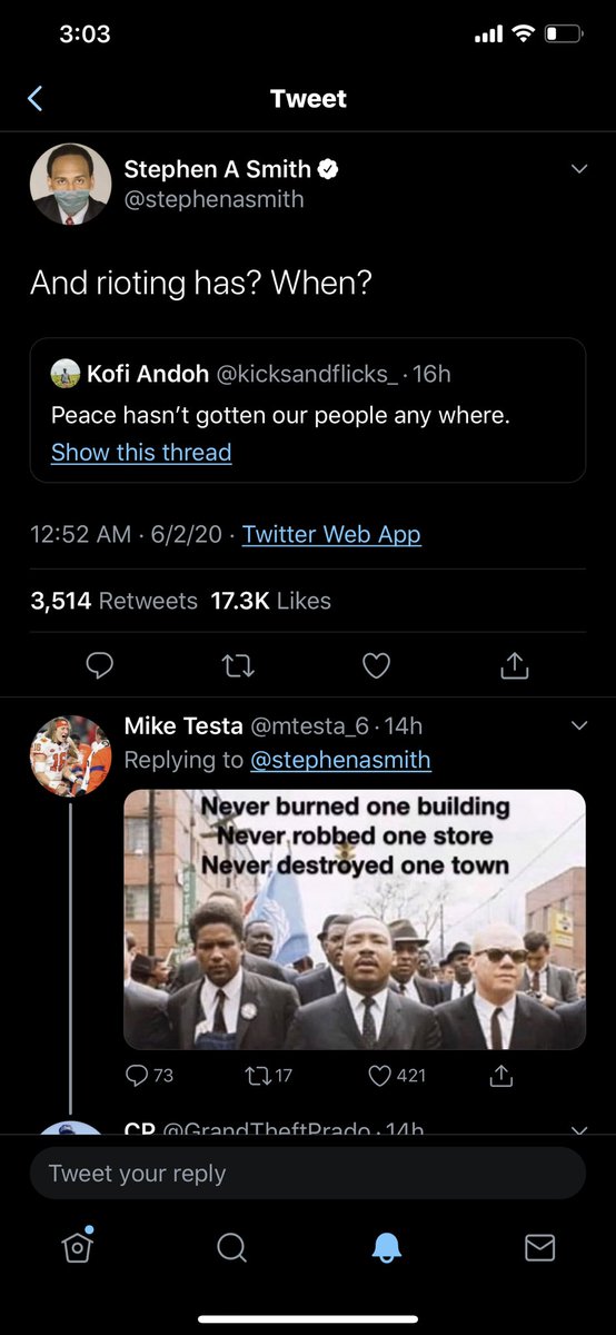 Stephen A Smith!He has effectively gathered the same racists that are up under #45’s post. I’d delete my entire account before I have them rally like that. Look at the very first post under there! !!!!!!!!!!