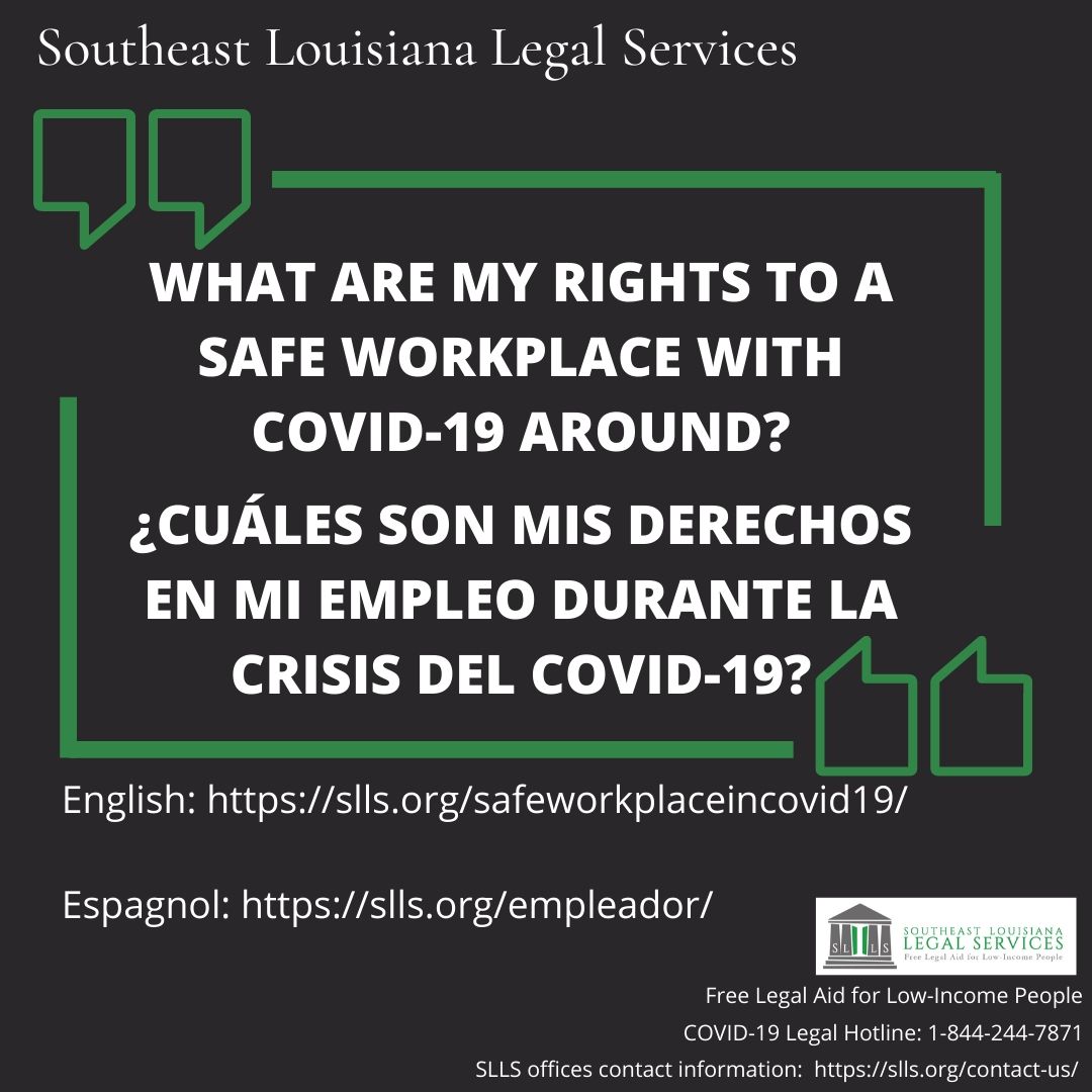 ¿CUÁLES SON MIS DERECHOS EN MI EMPLEO DURANTE LA CRISIS DEL COVID-19?: slls.org/empleador/

WHAT ARE MY RIGHTS TO A SAFE WORKPLACE WITH COVID-19 AROUND?
slls.org/safeworkplacei…

#legalaid #LSC #givenola #louisiana #workersrights #COVID19