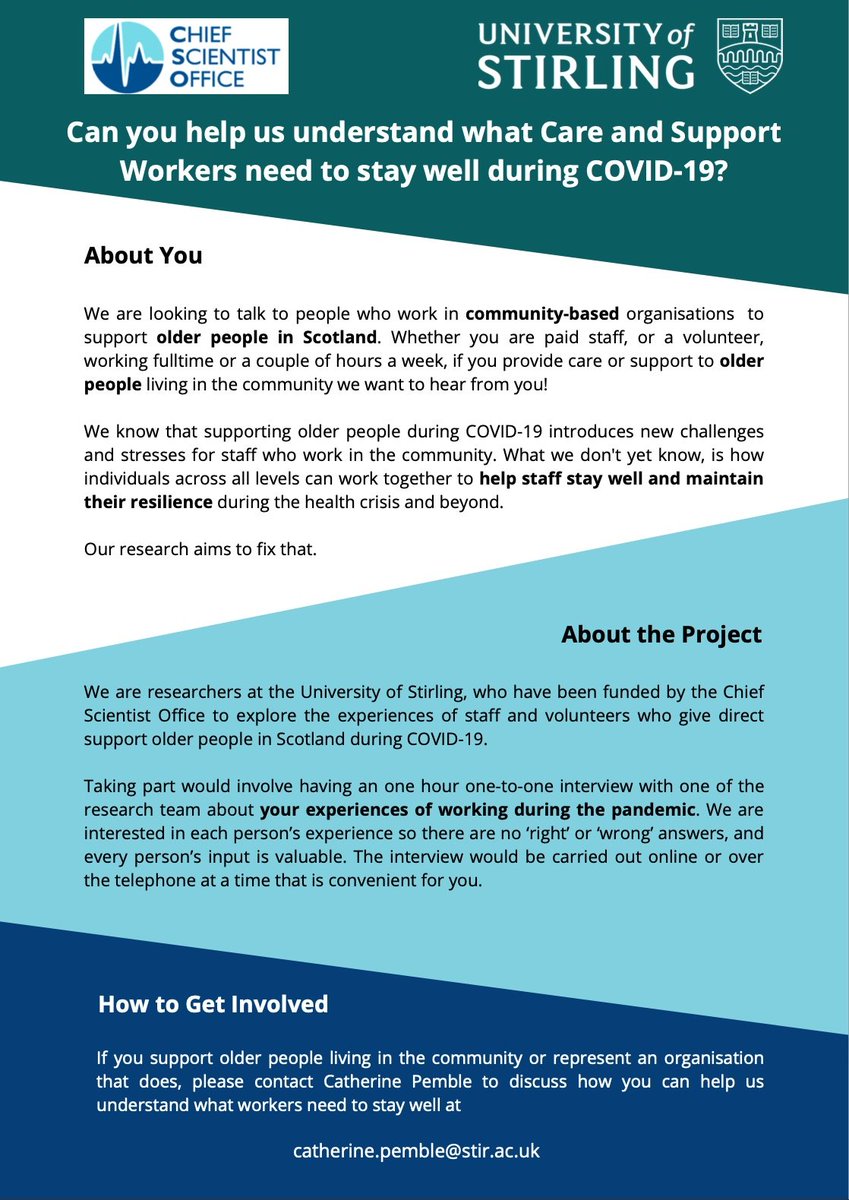 Our project about how staff and volunteers in community organisations for older people in Scotland are responding to the COVID pandemic is now recruiting! If you would like to take part or for more info DM me or email at catherine.pemble (at) stir.ac.uk RT for Reach!