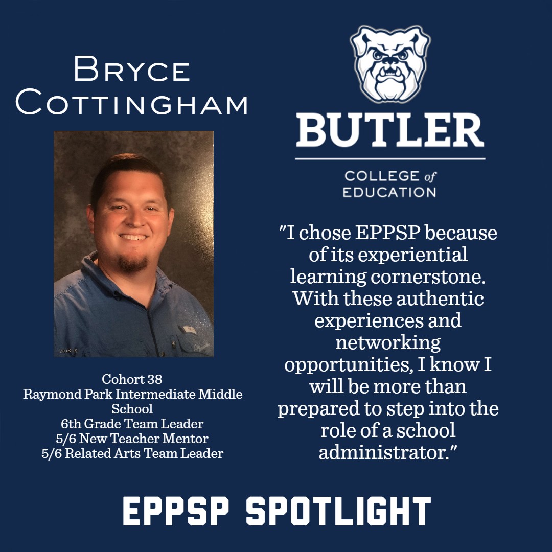 EPPSP is special because of the people that make it up! Once a week, we will spotlight a cohort member on our social media accounts. To start we will highlight <a href="/CottinghamMr/">Mr. Cottingham</a> in Group 38. Bryce currently teaches art <a href="/RPIAPumas/">Raymond Park IA</a> in <a href="/msdwarren/">MSD of Warren Township</a>.  #Leadership #Proud #EPPSP