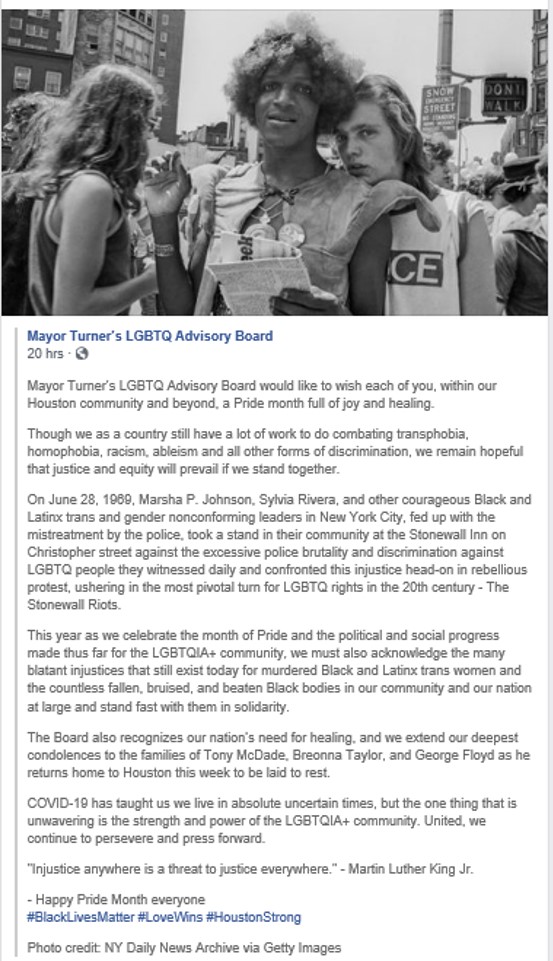 I can't take credit for this message (copied from Facebook) but can share my pride in serving on Mayor Turner's LGBTQ Advisory Board alongside the thoughtful members who wrote this important reminder.