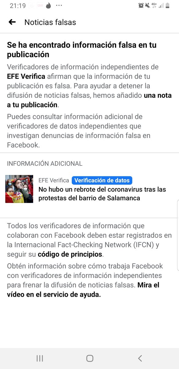 Parece ser que al compartir una noticia del diario digital El Plural he sido víctima de una noticia falsa. Es la 1.ª vez que FB me dice que han verificado que una noticia que he publicado no es verdadera. Bravo por la medida contra la desinformación.  #narrativadigital2020