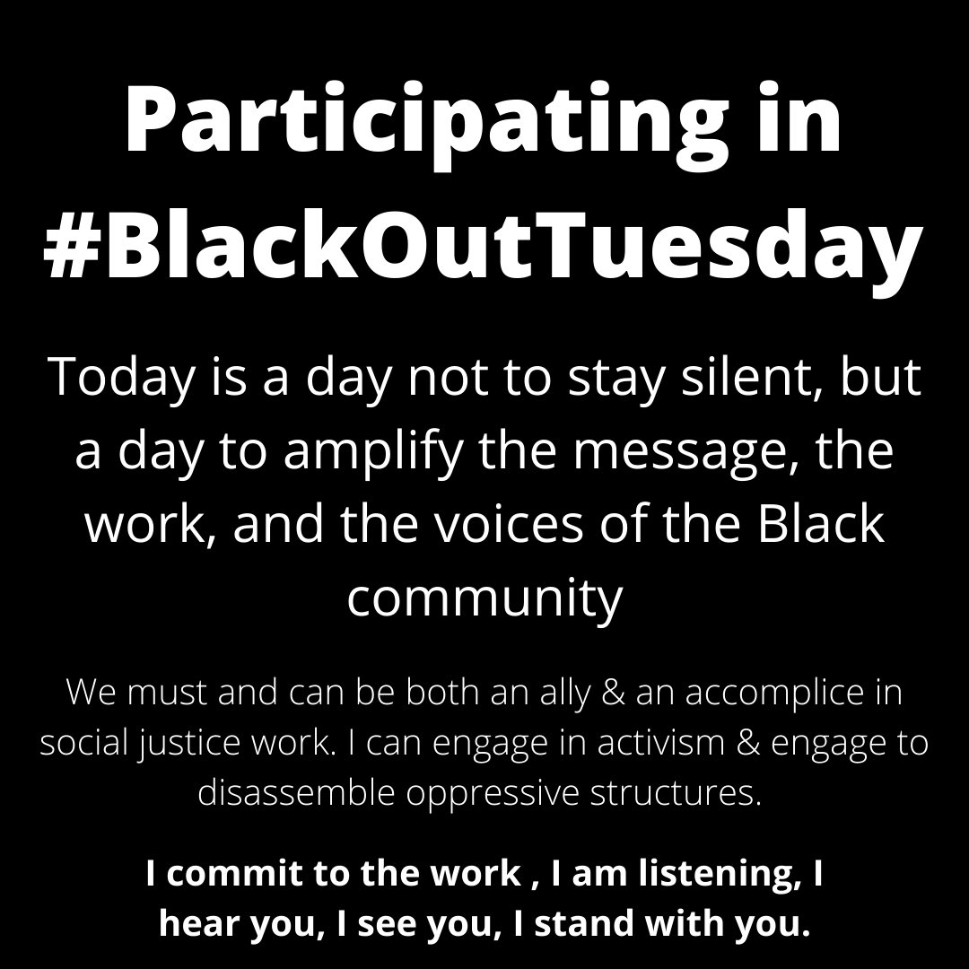 Wondering how or what you can do to participate in #BlackOutTuesday
◾️ Educate Yourself
◾️ Call on Lawmakers and Vote
◾️ Talk to Your Community
◾️ Donate
◾️ Sign Petitions 
Ways You Can Help: blacklivesmatters.carrd.co