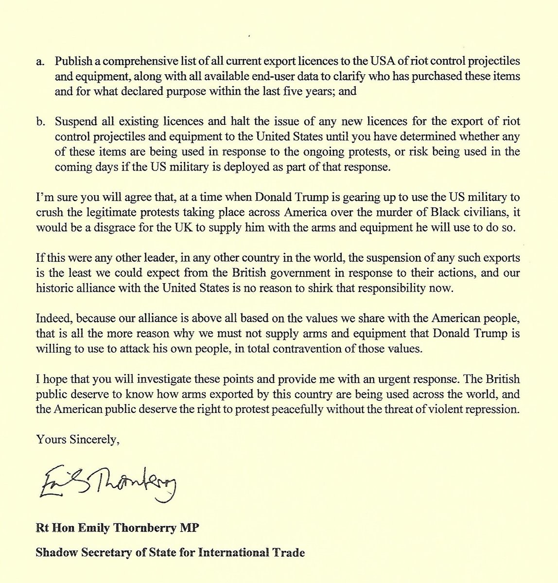 If British-made riot control equipment is being used to attack unarmed protesters and journalists in the US, those exports must immediately be stopped. We cannot be a party to the violence of the American President against his own people. My full letter to Liz Truss is attached.