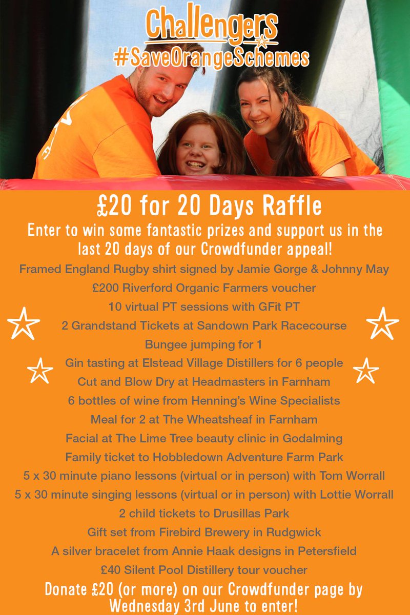 D_Challengers's tweet photo. It’s your LAST CHANCE to enter our £20 for 20 days raffle and be in the running to win some amazing prizes! ⭐⭐⭐
To take part, simply donate £20 (please don’t add Gift Aid) on our raffle page: https://t.co/a6kWGQf1gN https://t.co/h7AoF1ZdvO
