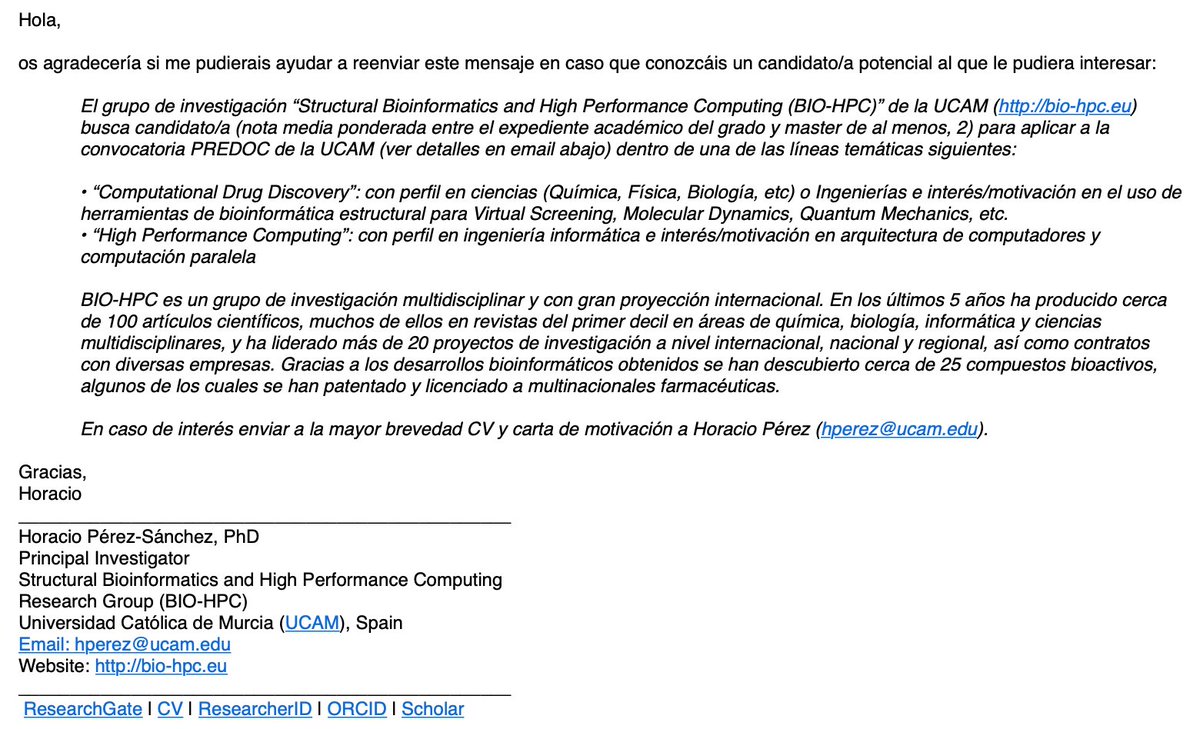 horacio_ps's tweet photo. Please RT! Se busca candidato/a para contrato predoctoral UCAM (https://t.co/d4ZnLpHdK0) para unirse a mi grupo en líneas de investigación relacionadas con Structural Bioinformatics, Computational Drug Discovery y/o High Performance Computing. https://t.co/H6Homnb8o7
