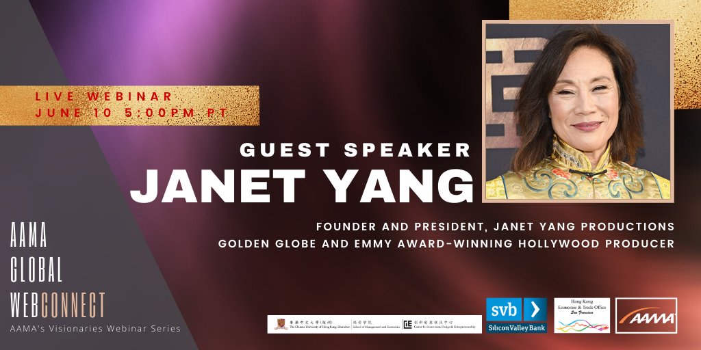 AAMASV's tweet image. Join us June 10 for a #livewebinar with Golden Globe and Emmy Award-winning Hollywood producer @janetyang1 to hear her inspiring story, which includes being named one of the 50 Most Powerful Women in #Hollywood, &amp;amp; discuss her upcoming projects!

bit.ly/zoomwithjanety…