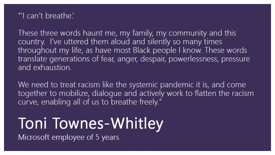Microsoft's tweet image. At this time, we will be using our platform to amplify voices from the Black and African American community at Microsoft.