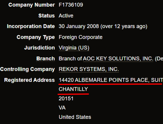 Now for AOC Key Solutions, a division of Rekor https://opencorporates.com/companies/us_de/4443234And the VA branch: https://opencorporates.com/companies/us_va/F1736109