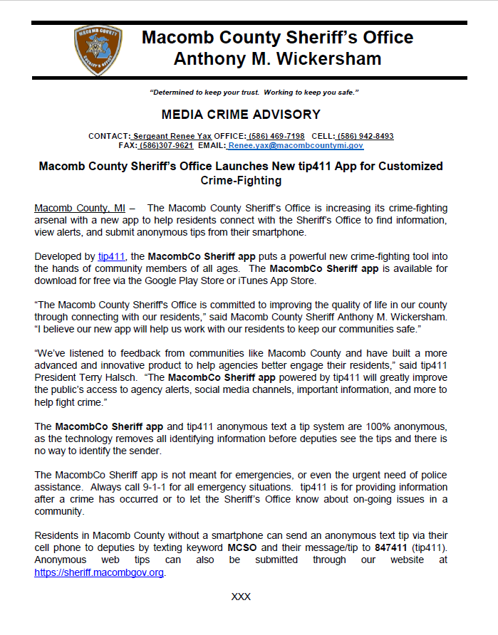 MacombSheriff's tweet photo. @MacombSheriff introduces #tip411 MacombCo Sheriff Anonymous Tip App to Fight Illegal Activity with the Public's Help. https://t.co/NV4A6D03J3