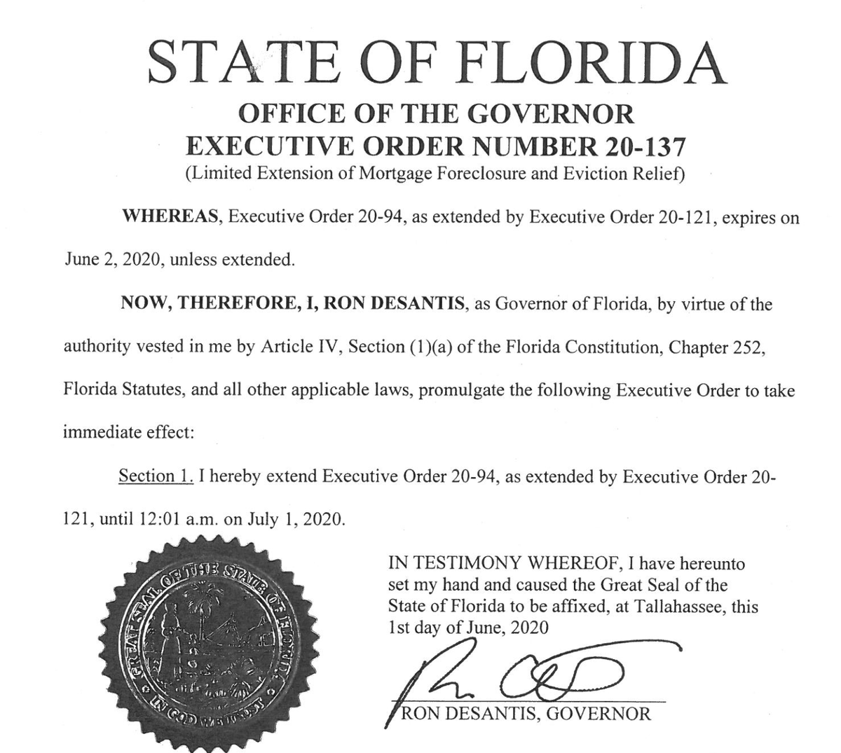 I have issued an executive order extending the moratorium on evictions and foreclosures until July 1st. We are committed to getting Floridians back on their feet as we move forward with our #SafeSmartStepbyStep plan for Florida's recovery.