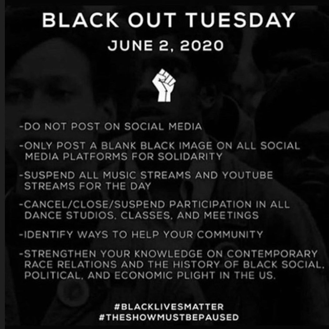✊🏿✊🏾✊🏽✊🏼
#BlackoutTuesday
#TheShowMustBePaused