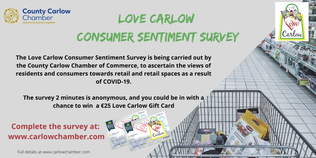 carlowchamber's tweet image. The @LoveCarlow Consumer Sentiment Survey closes at the end of the week. 2 Minutes is all we ask and you could win a €25 Love Carlow Gift Card complete at: bit.ly/2A5qvQk

Thank you in advance for sharing your views