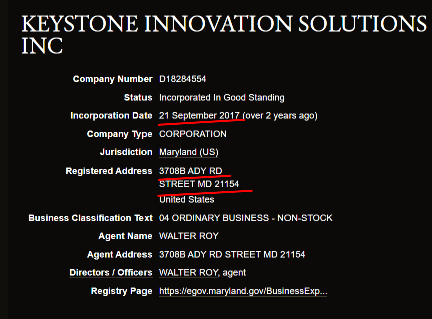 Now Keystonee Solutions. Registered Sept. 2017 https://opencorporates.com/companies/us_md/D18284554