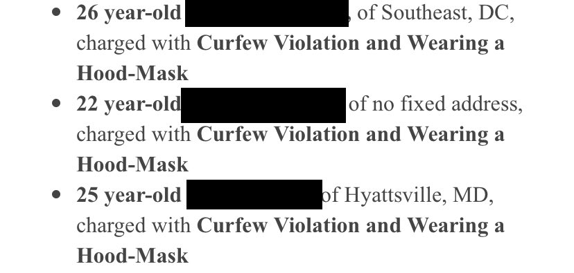 Unless I missed it, can someone please ask @MayorBowser @ChiefNewsham why some people arrested last night for violating curfew were also charged with wearing a mask, during a pandemic, when you are supposed to wear a mask? @Fox5Wagner @fox5dc https://t.co/gYq3AQBSyW