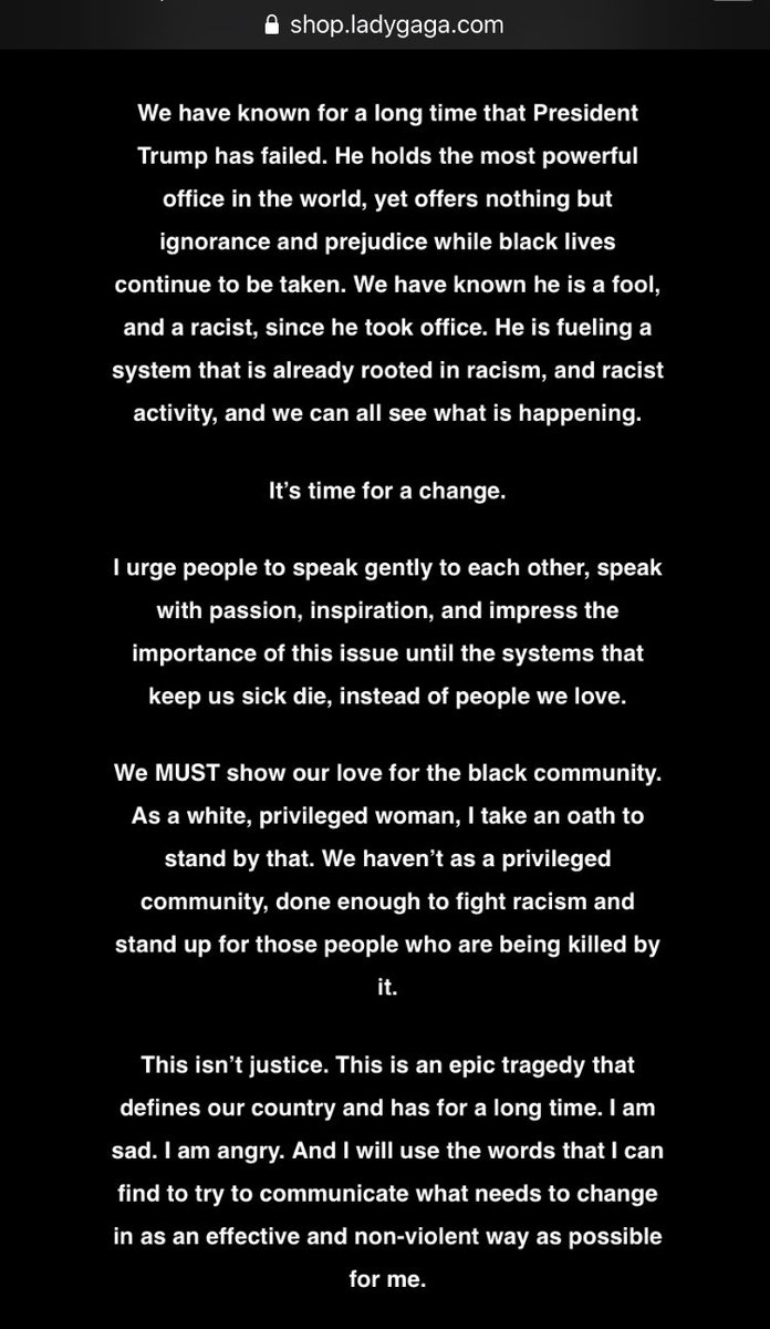EnigmaticGaga's tweet photo. although Lady Gaga’s album was released 4 days ago, she has closed her official shop and is displaying a very important message to instead direct people’s attention towards #BlackLivesMatter and is calling out trump for his “ignorance”. so much respect for this woman 🙏🏻 https://t.co/MuOSa9sNG6