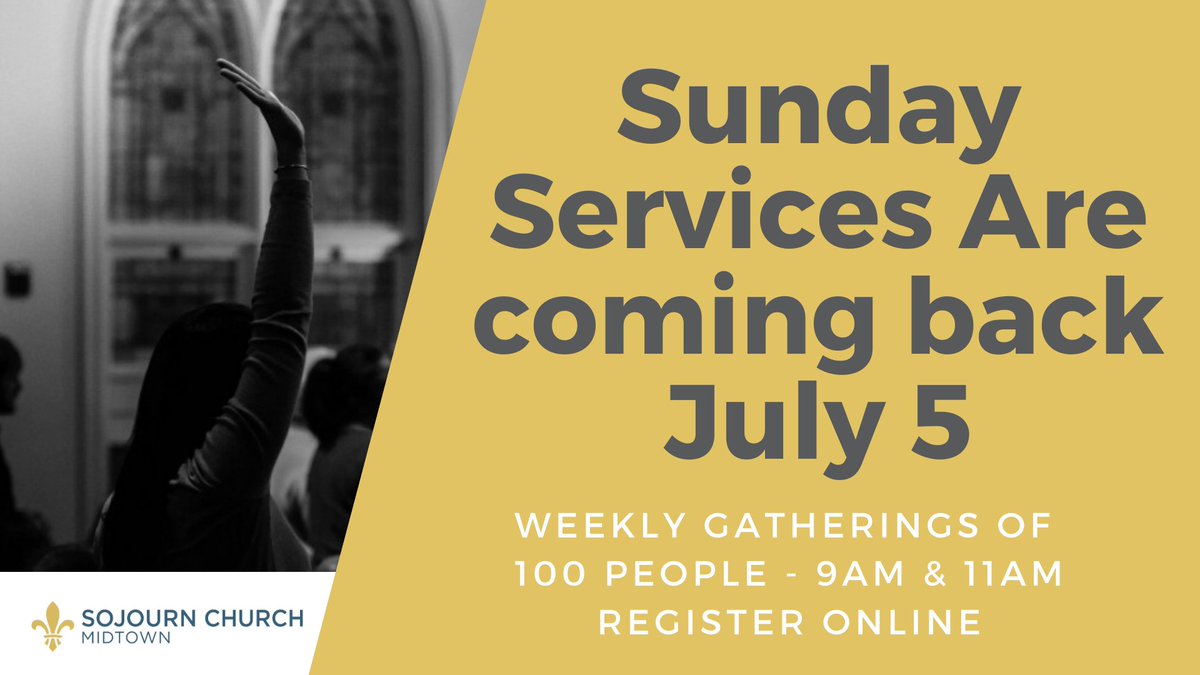Weekly gatherings of 100 people will return on Sunday, July 5. Find more details and a video message from Pastor @Jamaal711 at sojournchurch.com/midtown-reopen…