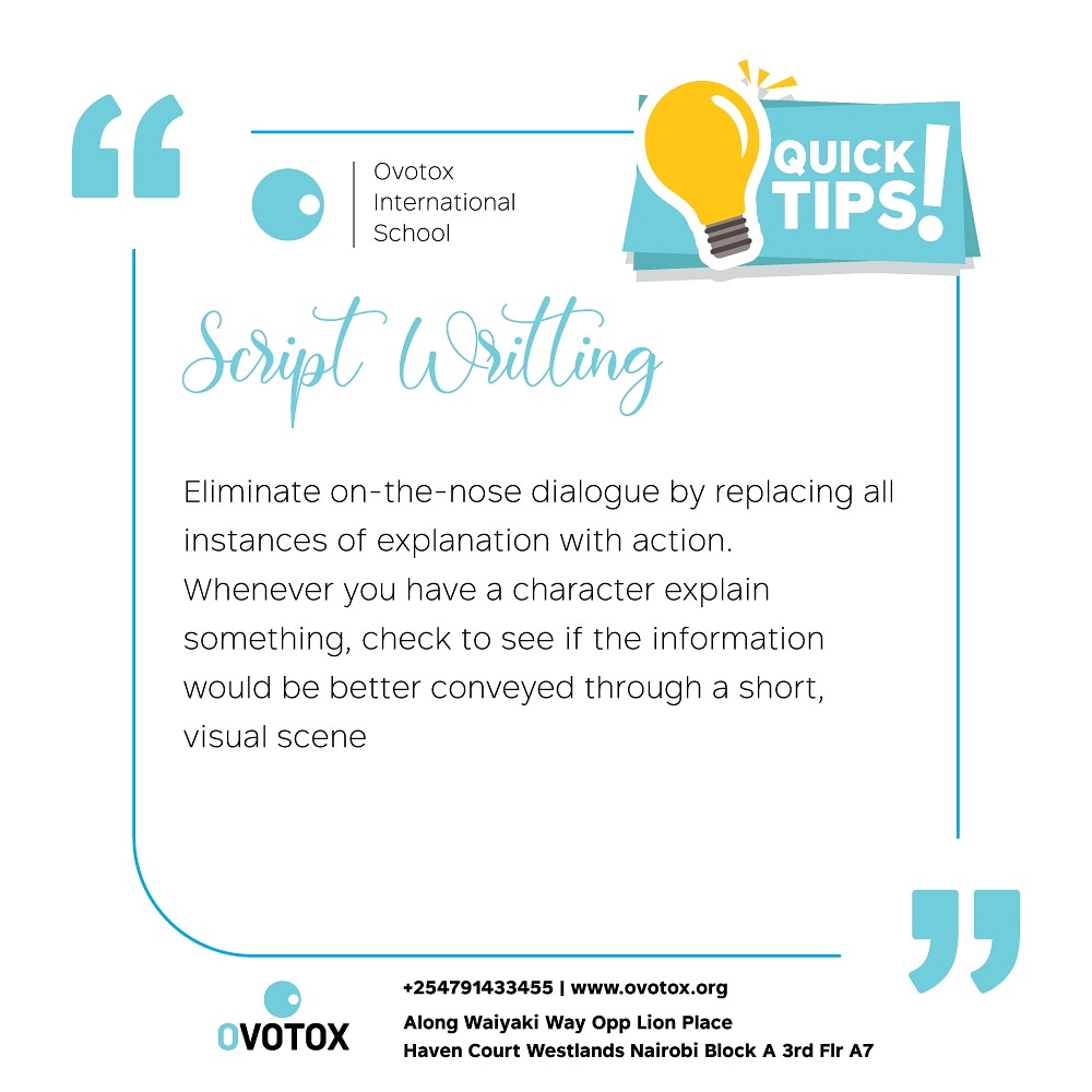 OvotoxHQ's tweet image. Give your audience some action, will you?
bit.ly/2SNK8CV
#howtobecomeagreatscriptwriter #scriptingtips #learnatovotox #bestfilmproductionschoolinnairobi #leadingfilmproductionschoolinkenya #filmproductionschoolinafrica #ovotox #OIS
