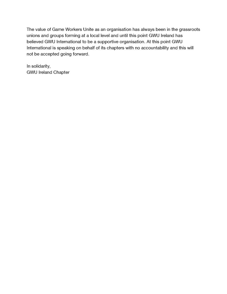 GWU_Ireland's tweet photo. Our Statement to @GameWorkers as voted unanimously by our Chapter membership - GWU Ireland demands these steps of accountability by June 7th. https://t.co/NF4eHlBfo2
