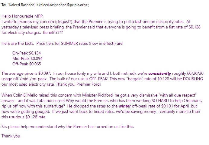 Colin D Mello Ctvnews On Twitter A Mississauga Resident Shares An Email He Sent To His Local Mpp About Ontario S New Flat Electricity Rate He Says The New Rate Will Double His Summer