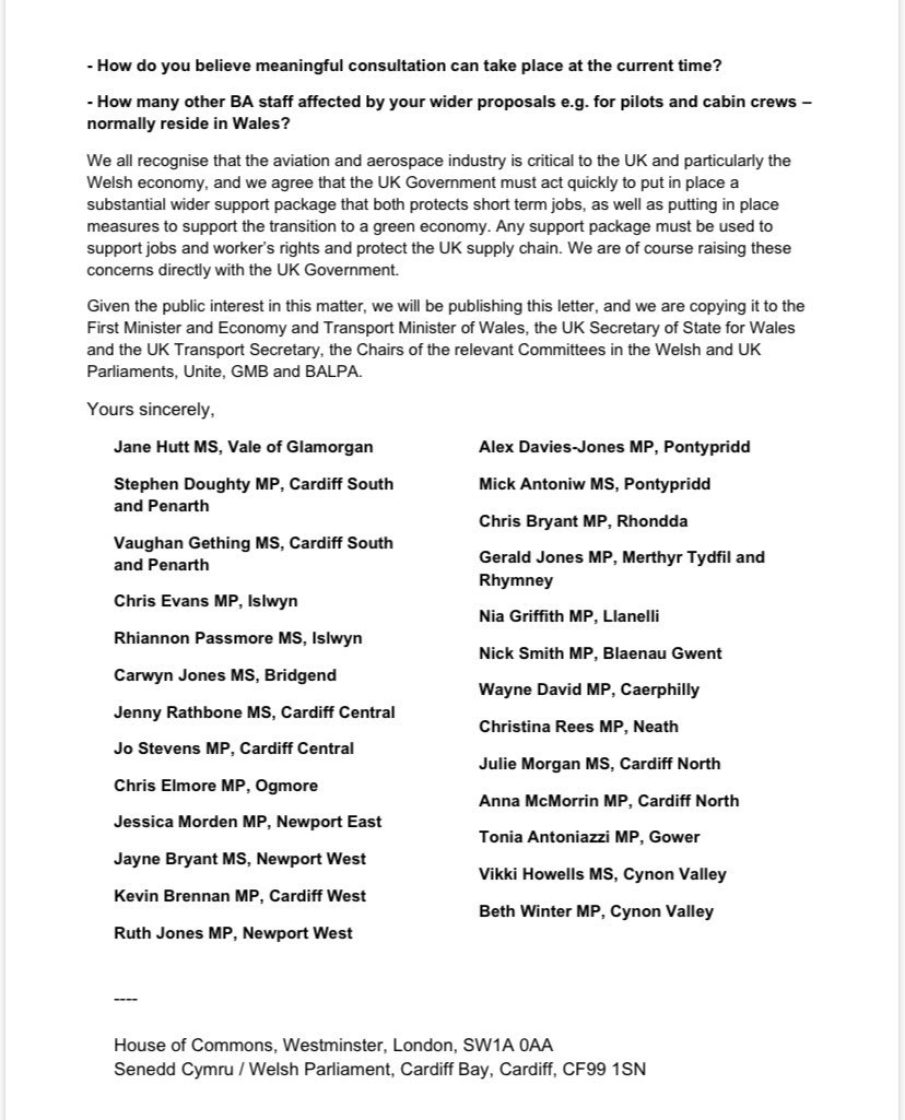 JoStevensLabour's tweet photo. @realPaulHaworth @Jacob_Rees_Mogg @HuwMerriman @British_Airways Here’s a letter I signed with @UKLabour @WelshLabour colleagues weeks ago to Willie Walsh @British_Airways raising concerns and opposing what is happening on behalf of affected constituents and trade unions representing the workforce https://t.co/kpFdgL8d9b