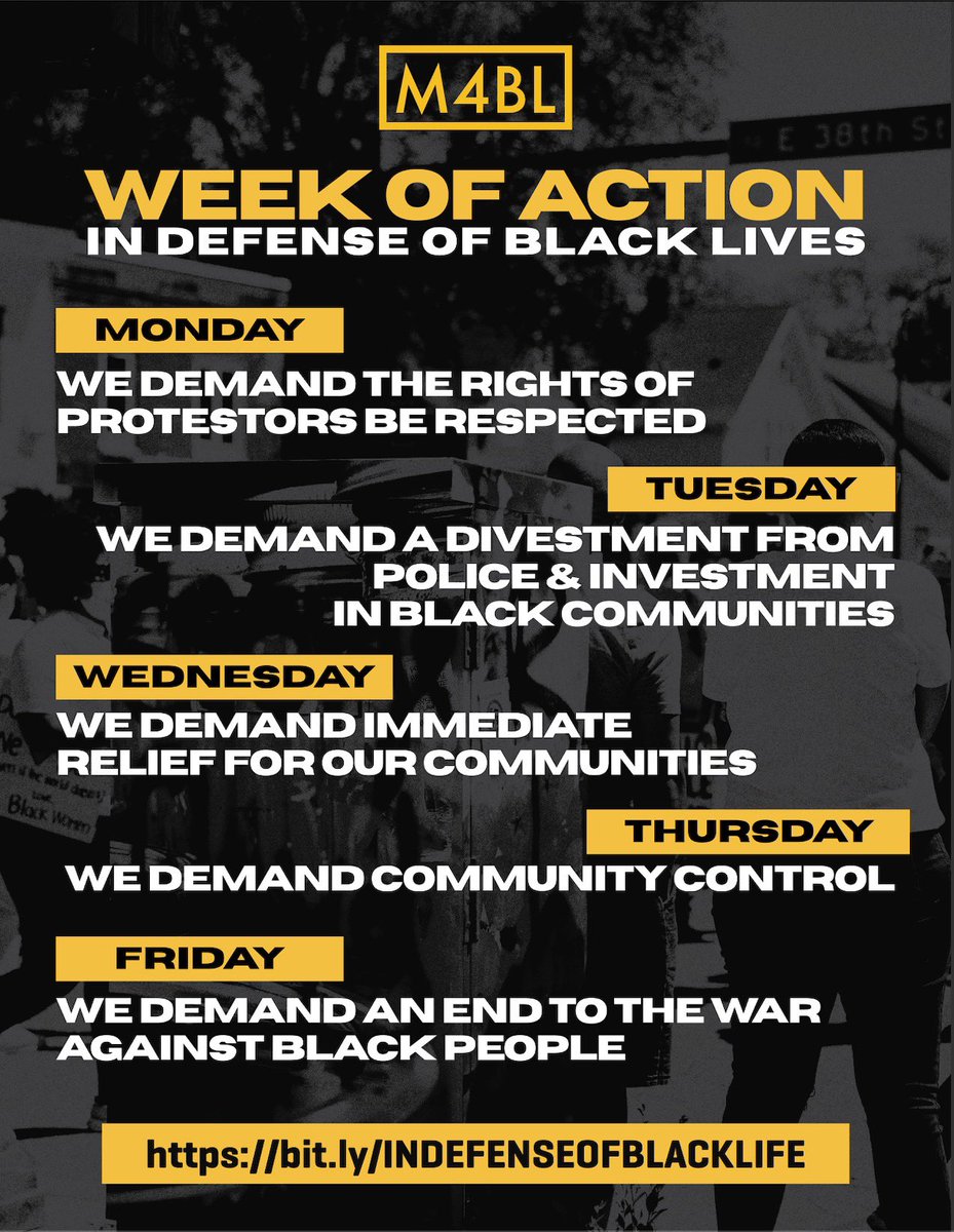 Mvmnt4BlkLives's tweet photo. The M4BL with organizers mobilizing across the country, invite you to take part in a week of action from June 1st to 5th in Defense of Black Lives. This is an opportunity to uplift and fight alongside those turning up in the streets and online.#DefundPolice #DefendBlackLife https://t.co/bYjjdESiLh