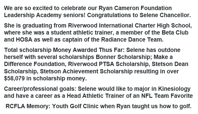 RCFATL's tweet photo. We are so excited to celebrate our Ryan Cameron Foundation Leadership Academy seniors. Congratulations to Selene Chancellor on all her accomplishments! #RyanCameronFoundation #Education #RCFLA #RCF https://t.co/cjDU2F4M82