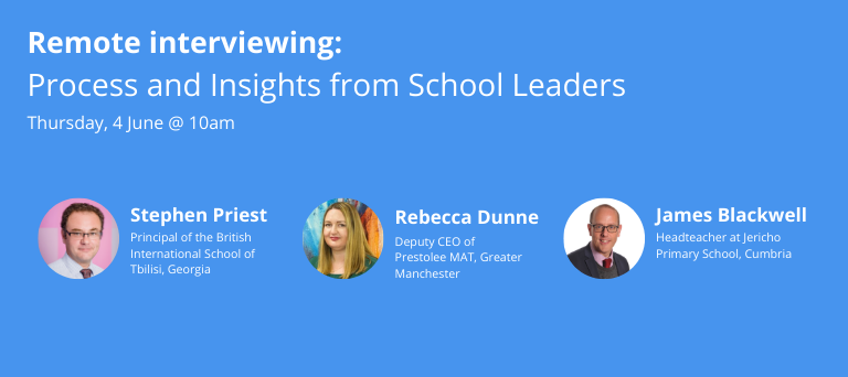 Are you thinking about how to most effectively remote interview teaching staff?

Join our webinar where 3 school leaders will share their insights on June 4th at 10AM

Sign up here:  zeneducate.typeform.com/to/vObX0b

#Webinar #RemoteRecruitment
@Prestoleetsa @Helen_MaryG @BISTbilisi