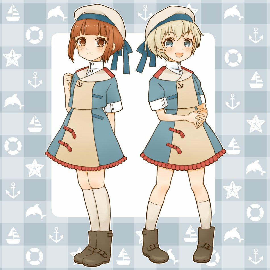 z1 leberecht maass (kancolle) ,z3 max schultz (kancolle) multiple girls 2girls short hair dress sailor hat hat brown eyes  illustration images