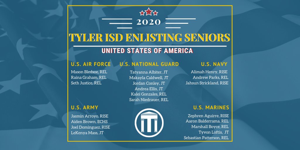 TylerISD's tweet image. Tyler ISD proudly recognizes the following graduates for their commitment to serving our country. #WeAreTylerISD #GradWeek @TLRedRaiders @JohnTylerLions @echstylerisd @RISEAcademyHig1 @CCMTylerISD