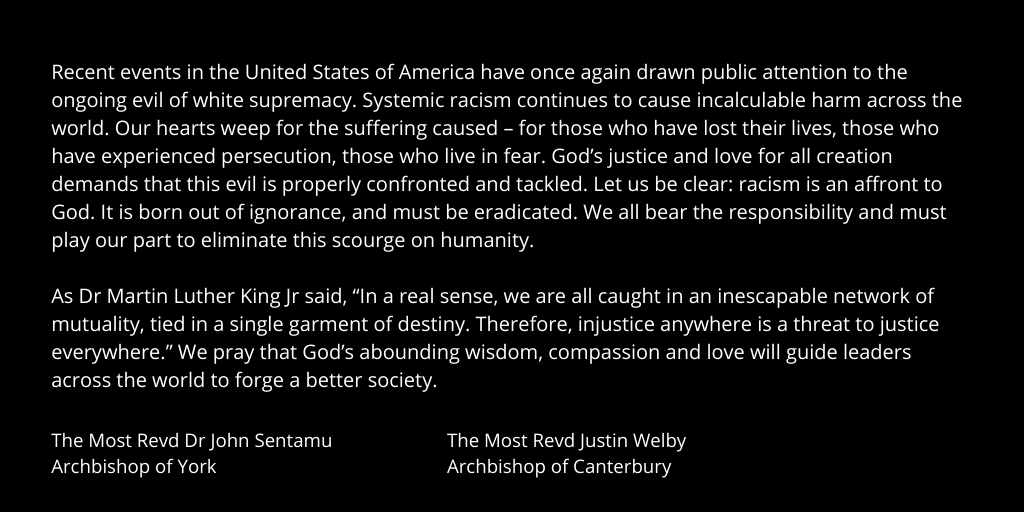 ArchbishopSarah's tweet photo. God’s justice and love for all creation demands that the evil of racism is properly confronted and tackled. 

Joint statement by Archbishop @JohnSentamu and me: https://t.co/2HbvVrP1to https://t.co/lib1FVEDsi