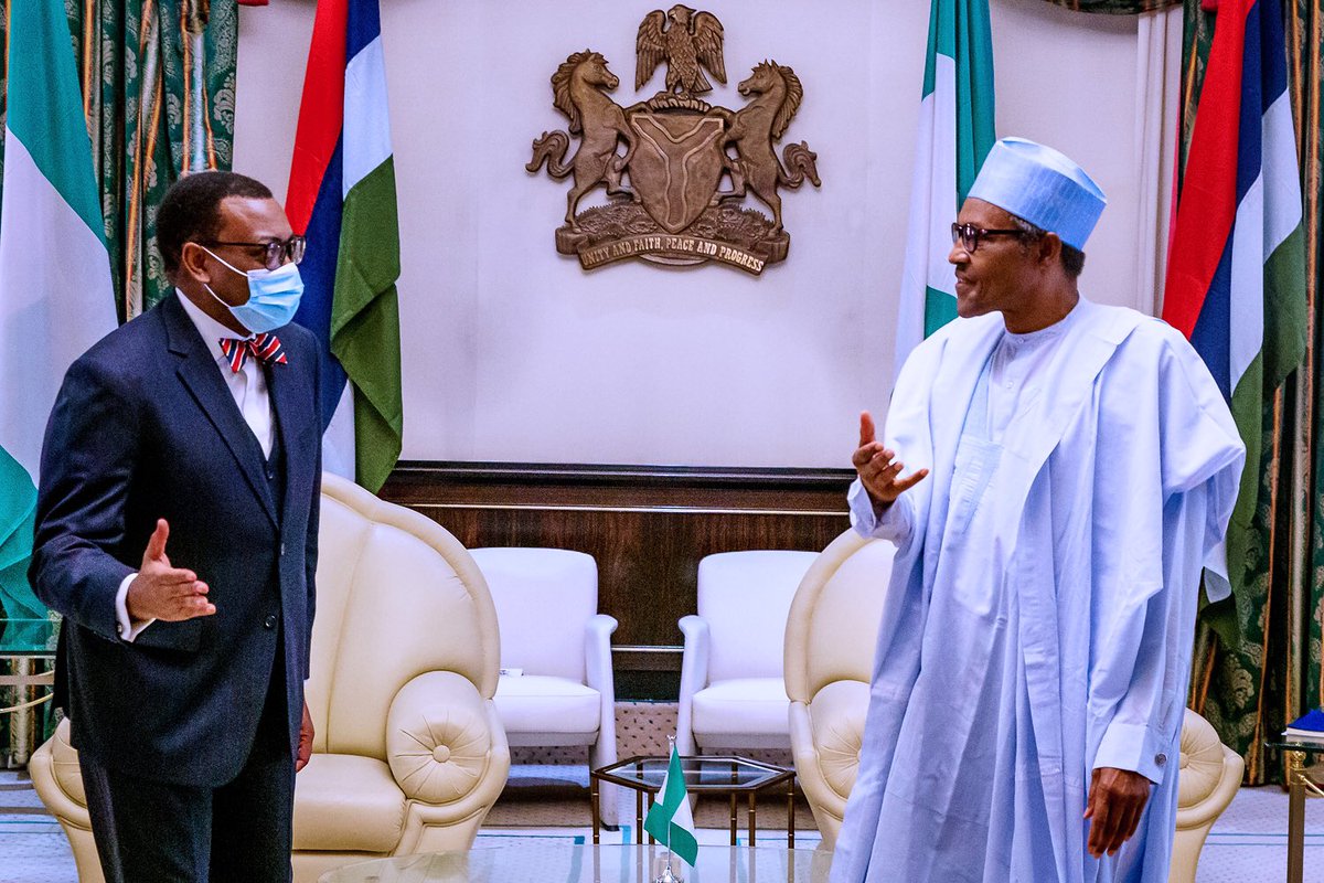 NGRPresident's tweet photo. “In 2015, when you were to be elected for the first term, I wrote to all African leaders, recommending you for the position. I didn’t say because you were a PDP Minister, and I belonged to the @OfficialAPCNg, so I would withhold my support.”—@MBuhari to @akin_adesina, today. https://t.co/0GMtH7F89K