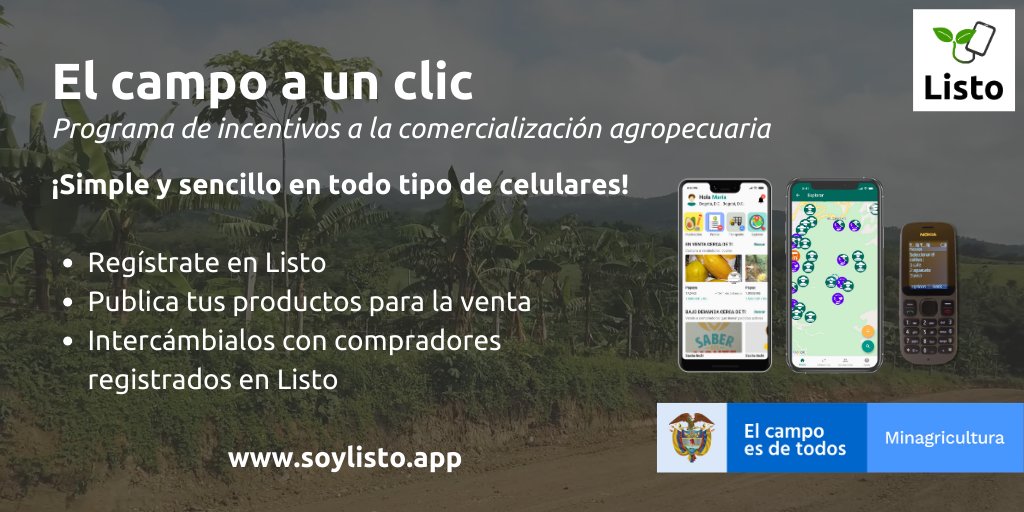¡El campo a un clic! El nuevo programa del <a href="/MinAgricultura/">Min. de Agricultura</a> para preservar los ingresos de los #agricultores y garantizar el abastecimiento de alimentos. ¡#Listo hace parte de esta iniciativa!
Más información en: bit.ly/3gM3VNo