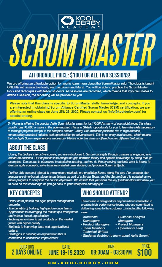 Koolderbyacad's tweet photo. Here's an Online class to help you to gain knowledge on #ScrumMasterRole and helps You will be able to practice the ScrumMaster tools and techniques! Register now @ https://t.co/AZoNeZfh3v https://t.co/5z35YDckRy
