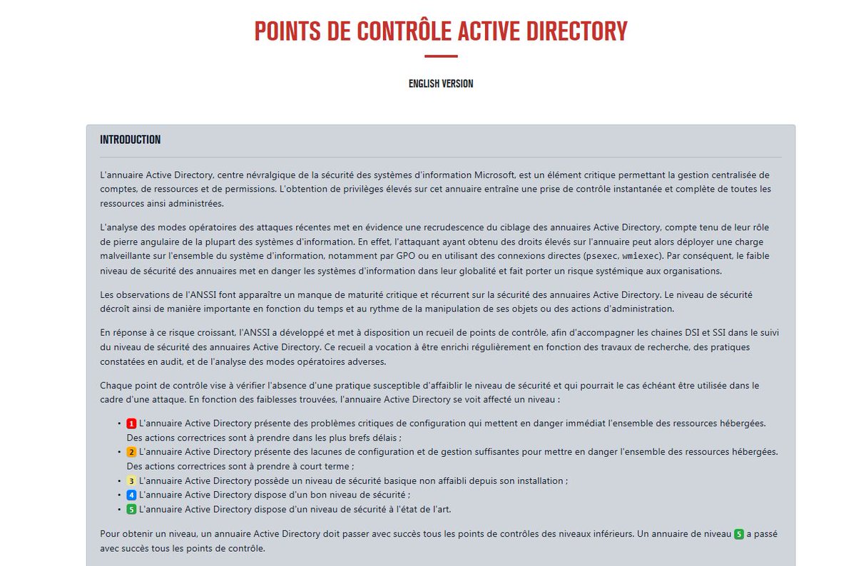 L’annuaire Active Directory est le centre névralgique de la sécurité des systèmes d’information #Microsoft
L'ANSSI publie ses points de contrôle sur les annuaires #AD et l'ensemble des recommandations associées :
cert.ssi.gouv.fr/dur/CERTFR-202…