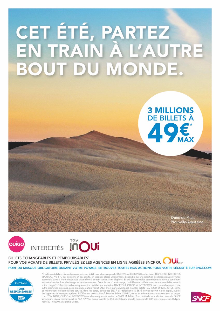 Le train longue distance pour tous! 25% de notre offre d’été est à 49 € maximum, en vente dès demain. Les agents #SNCF Voyages vous accueilleront avec le sourire, derrière les masques 🙂