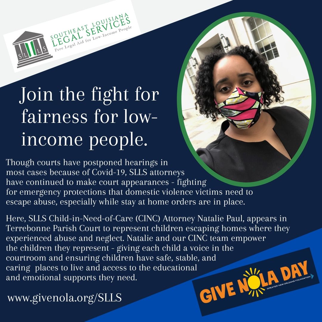Join the fight for fairness to help children escaping abuse and neglect during Covid-19 at givenola.org/SLLS. 
#legalaid #givenola #fostercare #louisiana #justice
