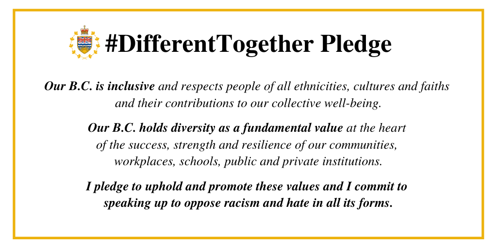 We’re proud to join @mosaicforests in taking the #DifferentTogether pledge and stand alongside British Columbians to oppose racism and hate in all forms. We nominate @MA_BC and @bclnga: ltgov.bc.ca/blog/equality-…