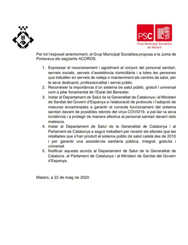 🔴 La Junta de Portaveus aprova per unanimitat una Declaració Institucional, presentada pel Grup Municipal del <a href="/pscmataro/">PSC MATARÓ</a>, en defensa d'un sistema sanitari públic, universal i gratuït de qualitat.