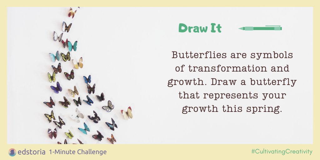 edstoria's tweet photo. ⌛ #edstoria 1-Minute Challenge - Draw It: Butterflies are symbols of transformation and growth. Draw a butterfly that represents your growth this spring. Share your sketches in the comments below.
#education #educators #CultivatingCreativity #DrawItChallenge #butterfly https://t.co/KlawbFQjiG