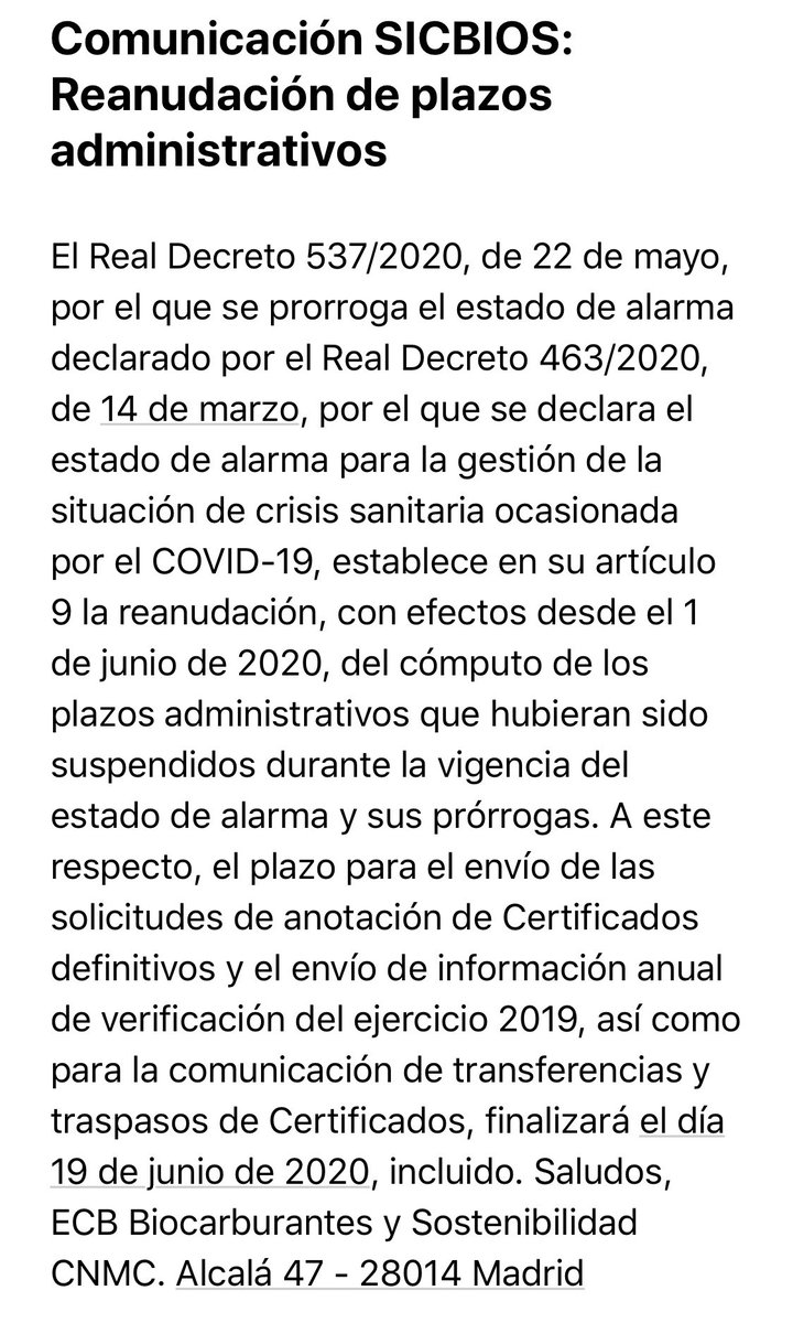 NHidalgoAbogada's tweet photo. NVN (*Noticia Vuelta a la Normalidad 😉)
HIDROCARBUROS.- SICBIOS 
19/06/20 finaliza plazo para el envío de:
-solicitudes de anotación Certificados definitivos
-envío de información anual verificación del ejercicio 2019.
-comunicación de transferencias y traspasos de Certificados. https://t.co/ajp4PpwU8q
