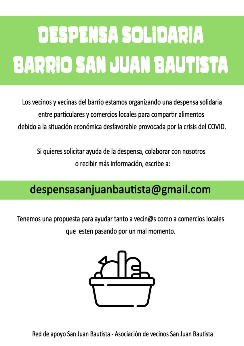 Desde <a href="/avsjbautista/">Asoc. Vecin@s San Juan Bautista</a> ponemos en marcha la Despensa Solidaria de San Juan Bautista. Queremos estar  cerca de las personas que están sufriendo esta crisis sociosanitaria y ayudarles en todo lo que necesiten. #JuntosHacemosBarrio.