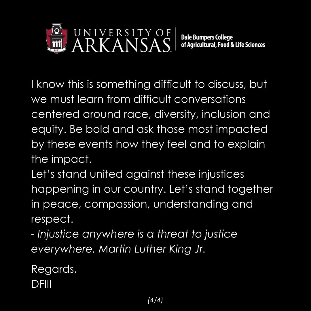 Our Dean, Deacue Fields, is sharing this message with all Bumpers College students, faculty and staff today:

#AgFoodLife