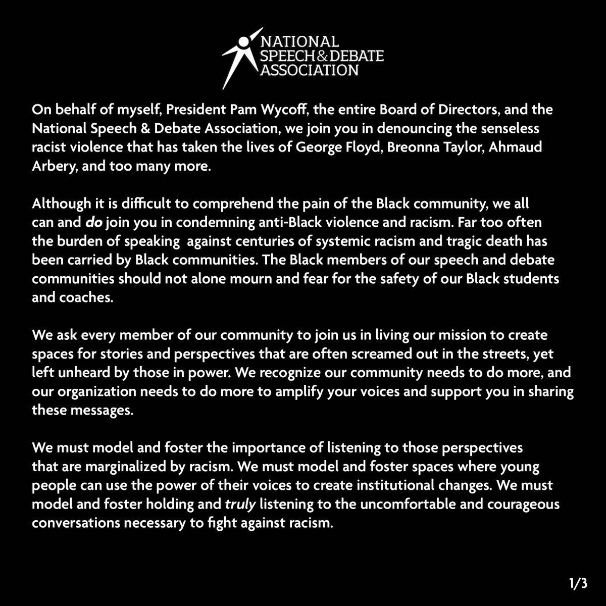 speechanddebate's tweet photo. A statement on George Floyd, Breonna Taylor, and Ahmaud Arbery. https://t.co/1d08kE09e2