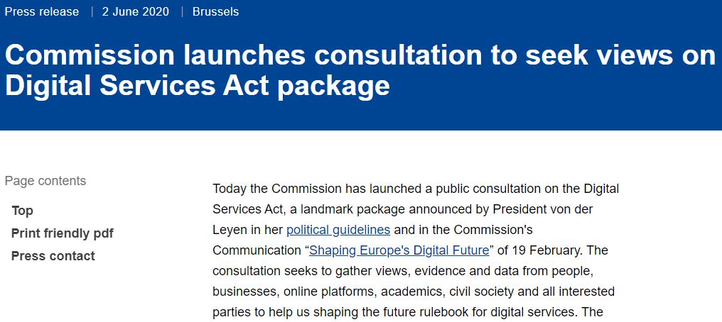#DSA-day saw the Commission launch its public consultation on one of the most anticipated legislative acts: the #DigitalServicesAct - set to shape the future of tech (and beyond). Just the start of a long long debate! more to come surely ec.europa.eu/commission/pre…